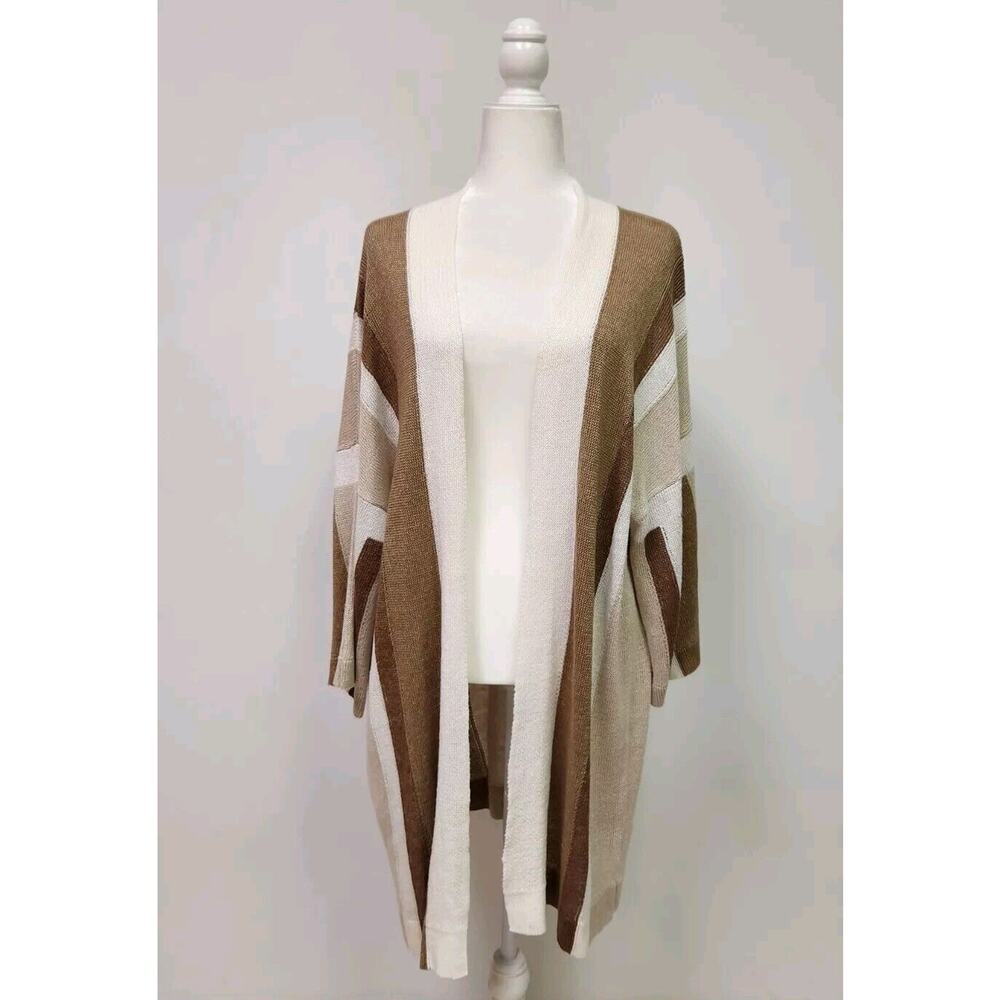 Per Se by Carlisle Open Duster Cardigan Linen LX Brown Color-Block Striped